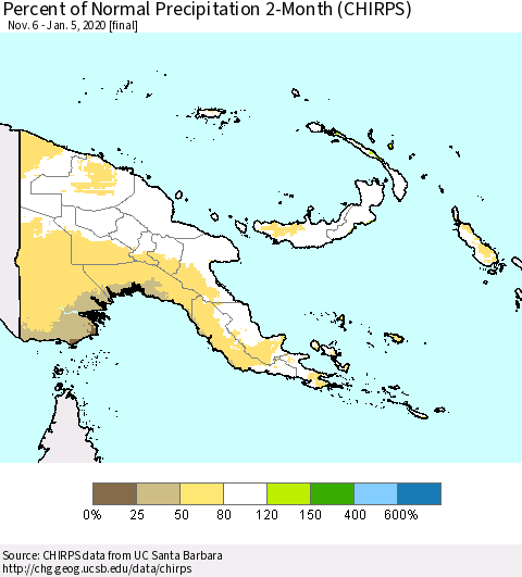 Papua New Guinea Percent of Normal Precipitation 2-Month (CHIRPS) Thematic Map For 11/6/2019 - 1/5/2020
