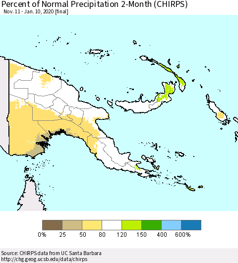 Papua New Guinea Percent of Normal Precipitation 2-Month (CHIRPS) Thematic Map For 11/11/2019 - 1/10/2020