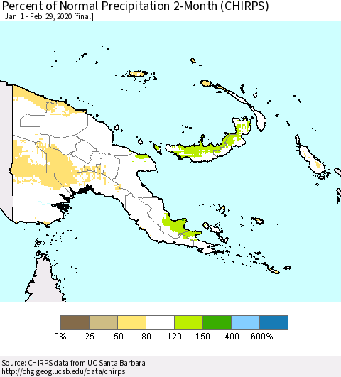 Papua New Guinea Percent of Normal Precipitation 2-Month (CHIRPS) Thematic Map For 1/1/2020 - 2/29/2020