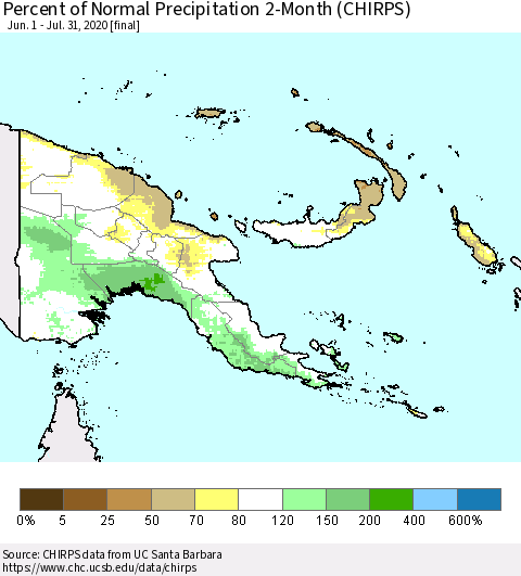 Papua New Guinea Percent of Normal Precipitation 2-Month (CHIRPS) Thematic Map For 6/1/2020 - 7/31/2020