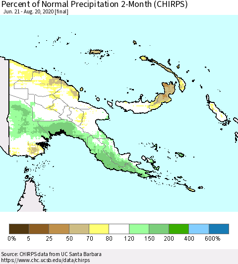 Papua New Guinea Percent of Normal Precipitation 2-Month (CHIRPS) Thematic Map For 6/21/2020 - 8/20/2020