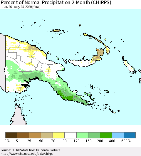Papua New Guinea Percent of Normal Precipitation 2-Month (CHIRPS) Thematic Map For 6/26/2020 - 8/25/2020