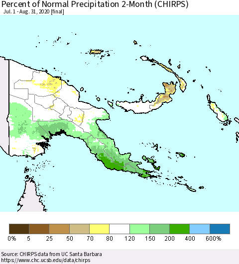 Papua New Guinea Percent of Normal Precipitation 2-Month (CHIRPS) Thematic Map For 7/1/2020 - 8/31/2020