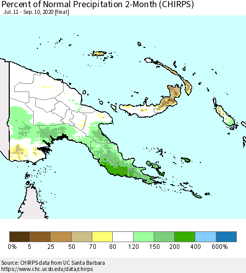 Papua New Guinea Percent of Normal Precipitation 2-Month (CHIRPS) Thematic Map For 7/11/2020 - 9/10/2020