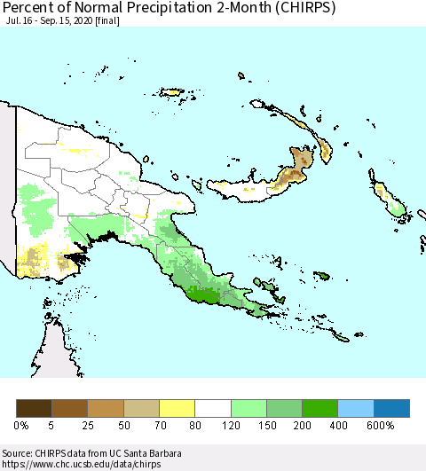 Papua New Guinea Percent of Normal Precipitation 2-Month (CHIRPS) Thematic Map For 7/16/2020 - 9/15/2020