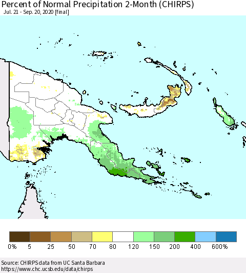 Papua New Guinea Percent of Normal Precipitation 2-Month (CHIRPS) Thematic Map For 7/21/2020 - 9/20/2020