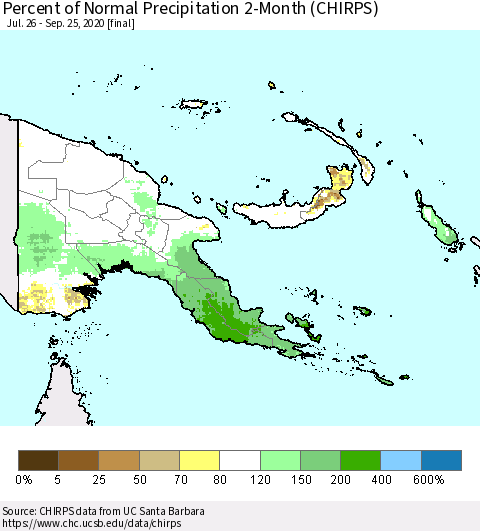 Papua New Guinea Percent of Normal Precipitation 2-Month (CHIRPS) Thematic Map For 7/26/2020 - 9/25/2020