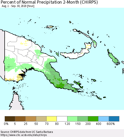 Papua New Guinea Percent of Normal Precipitation 2-Month (CHIRPS) Thematic Map For 8/1/2020 - 9/30/2020