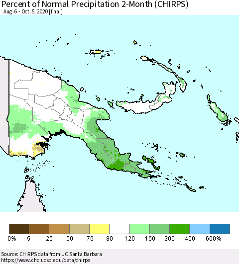 Papua New Guinea Percent of Normal Precipitation 2-Month (CHIRPS) Thematic Map For 8/6/2020 - 10/5/2020