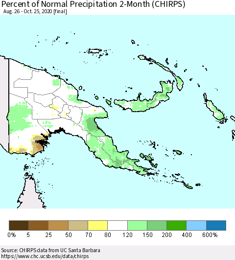 Papua New Guinea Percent of Normal Precipitation 2-Month (CHIRPS) Thematic Map For 8/26/2020 - 10/25/2020