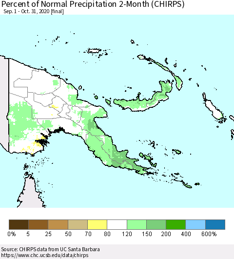 Papua New Guinea Percent of Normal Precipitation 2-Month (CHIRPS) Thematic Map For 9/1/2020 - 10/31/2020