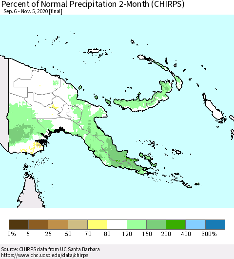 Papua New Guinea Percent of Normal Precipitation 2-Month (CHIRPS) Thematic Map For 9/6/2020 - 11/5/2020