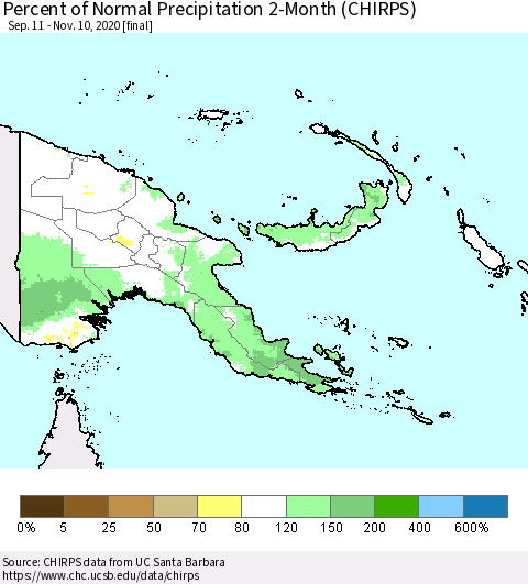 Papua New Guinea Percent of Normal Precipitation 2-Month (CHIRPS) Thematic Map For 9/11/2020 - 11/10/2020
