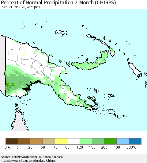 Papua New Guinea Percent of Normal Precipitation 2-Month (CHIRPS) Thematic Map For 9/21/2020 - 11/20/2020
