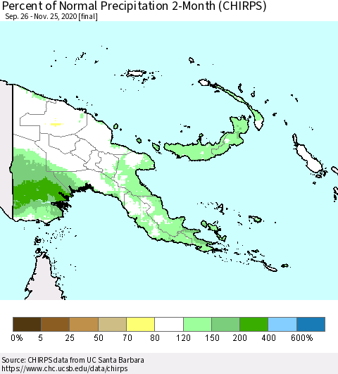 Papua New Guinea Percent of Normal Precipitation 2-Month (CHIRPS) Thematic Map For 9/26/2020 - 11/25/2020
