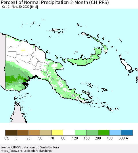 Papua New Guinea Percent of Normal Precipitation 2-Month (CHIRPS) Thematic Map For 10/1/2020 - 11/30/2020