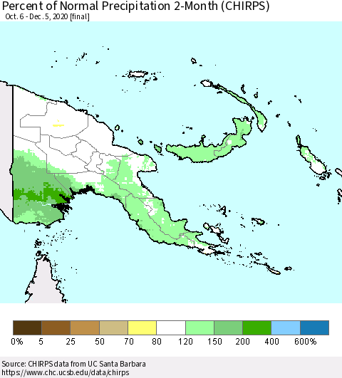 Papua New Guinea Percent of Normal Precipitation 2-Month (CHIRPS) Thematic Map For 10/6/2020 - 12/5/2020
