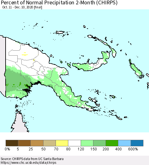 Papua New Guinea Percent of Normal Precipitation 2-Month (CHIRPS) Thematic Map For 10/11/2020 - 12/10/2020
