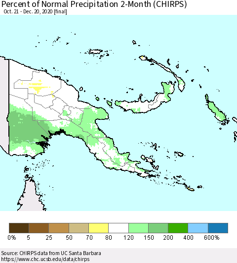 Papua New Guinea Percent of Normal Precipitation 2-Month (CHIRPS) Thematic Map For 10/21/2020 - 12/20/2020