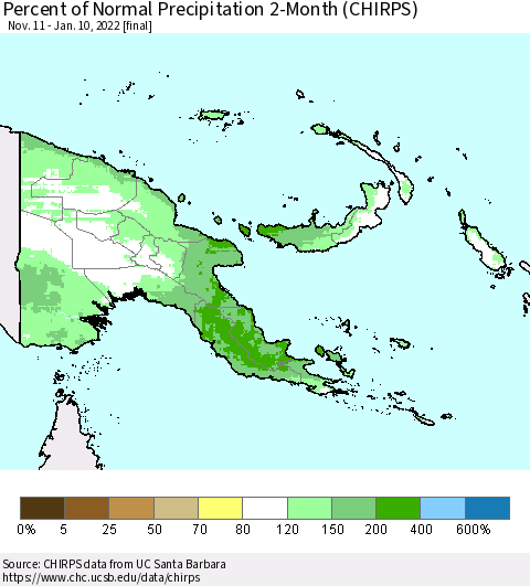 Papua New Guinea Percent of Normal Precipitation 2-Month (CHIRPS) Thematic Map For 11/11/2021 - 1/10/2022
