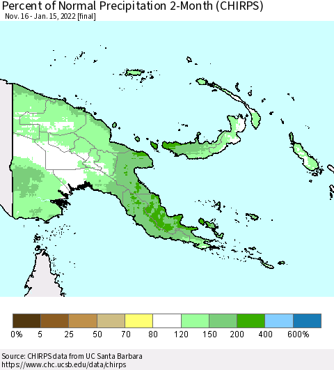 Papua New Guinea Percent of Normal Precipitation 2-Month (CHIRPS) Thematic Map For 11/16/2021 - 1/15/2022