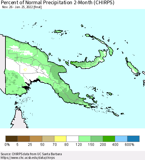 Papua New Guinea Percent of Normal Precipitation 2-Month (CHIRPS) Thematic Map For 11/26/2021 - 1/25/2022