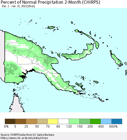 Papua New Guinea Percent of Normal Precipitation 2-Month (CHIRPS) Thematic Map For 12/1/2021 - 1/31/2022