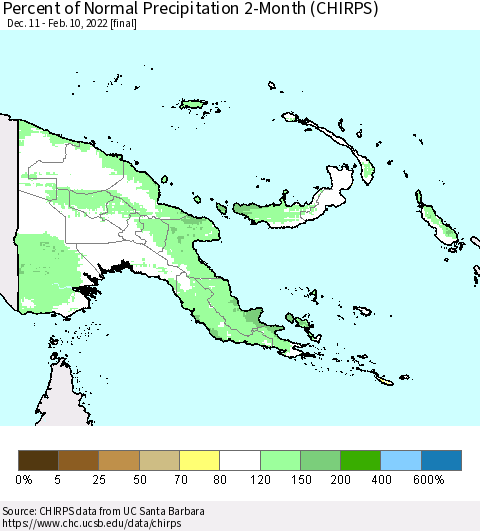 Papua New Guinea Percent of Normal Precipitation 2-Month (CHIRPS) Thematic Map For 12/11/2021 - 2/10/2022
