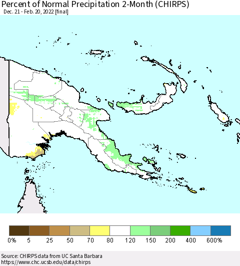Papua New Guinea Percent of Normal Precipitation 2-Month (CHIRPS) Thematic Map For 12/21/2021 - 2/20/2022