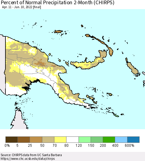 Papua New Guinea Percent of Normal Precipitation 2-Month (CHIRPS) Thematic Map For 4/11/2022 - 6/10/2022