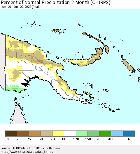 Papua New Guinea Percent of Normal Precipitation 2-Month (CHIRPS) Thematic Map For 4/21/2022 - 6/20/2022