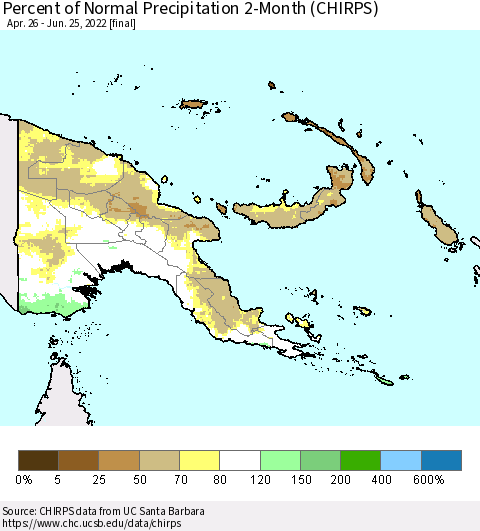 Papua New Guinea Percent of Normal Precipitation 2-Month (CHIRPS) Thematic Map For 4/26/2022 - 6/25/2022