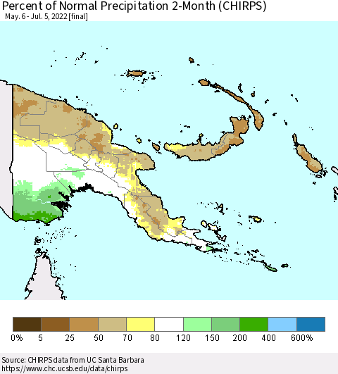 Papua New Guinea Percent of Normal Precipitation 2-Month (CHIRPS) Thematic Map For 5/6/2022 - 7/5/2022