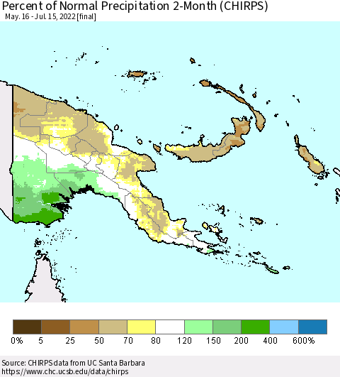 Papua New Guinea Percent of Normal Precipitation 2-Month (CHIRPS) Thematic Map For 5/16/2022 - 7/15/2022