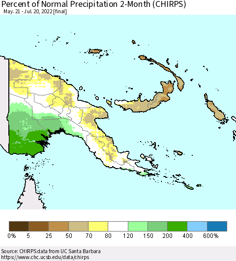 Papua New Guinea Percent of Normal Precipitation 2-Month (CHIRPS) Thematic Map For 5/21/2022 - 7/20/2022