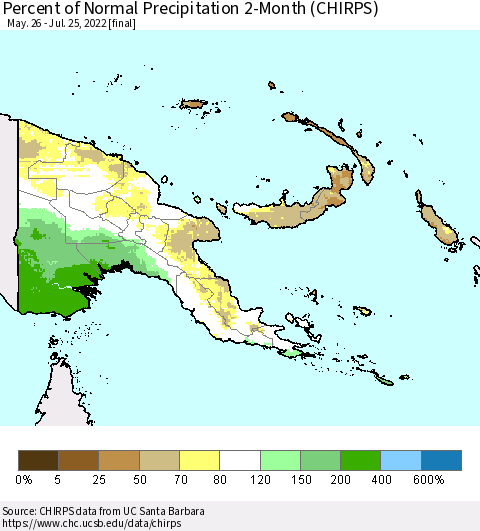 Papua New Guinea Percent of Normal Precipitation 2-Month (CHIRPS) Thematic Map For 5/26/2022 - 7/25/2022