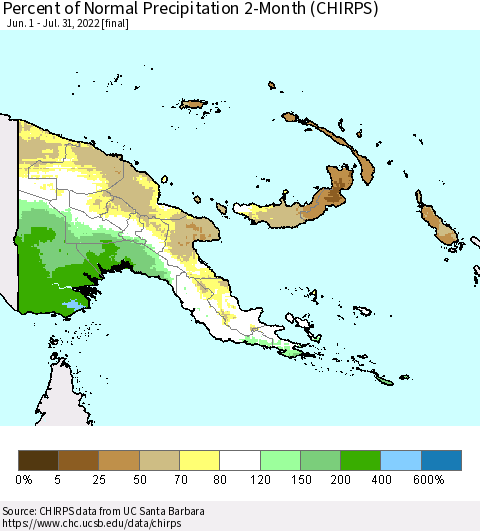 Papua New Guinea Percent of Normal Precipitation 2-Month (CHIRPS) Thematic Map For 6/1/2022 - 7/31/2022