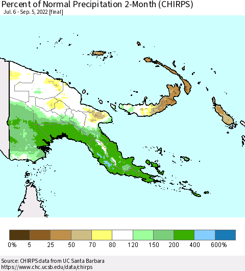 Papua New Guinea Percent of Normal Precipitation 2-Month (CHIRPS) Thematic Map For 7/6/2022 - 9/5/2022