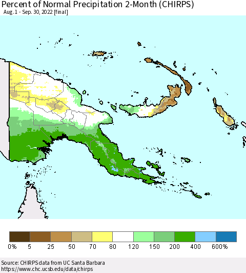 Papua New Guinea Percent of Normal Precipitation 2-Month (CHIRPS) Thematic Map For 8/1/2022 - 9/30/2022