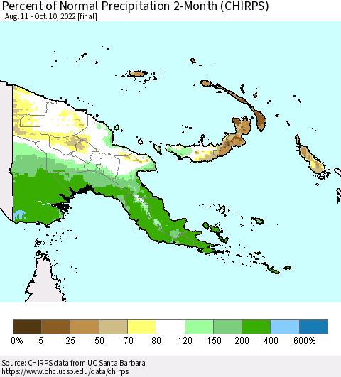 Papua New Guinea Percent of Normal Precipitation 2-Month (CHIRPS) Thematic Map For 8/11/2022 - 10/10/2022