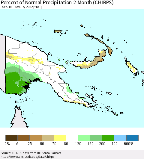 Papua New Guinea Percent of Normal Precipitation 2-Month (CHIRPS) Thematic Map For 9/16/2022 - 11/15/2022