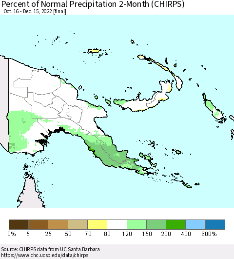 Papua New Guinea Percent of Normal Precipitation 2-Month (CHIRPS) Thematic Map For 10/16/2022 - 12/15/2022