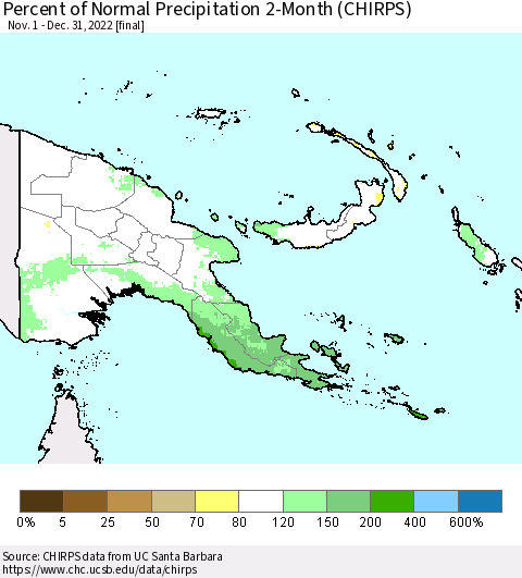 Papua New Guinea Percent of Normal Precipitation 2-Month (CHIRPS) Thematic Map For 11/1/2022 - 12/31/2022