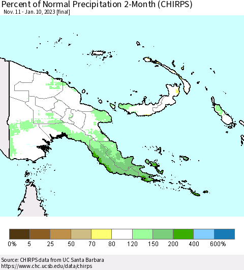 Papua New Guinea Percent of Normal Precipitation 2-Month (CHIRPS) Thematic Map For 11/11/2022 - 1/10/2023
