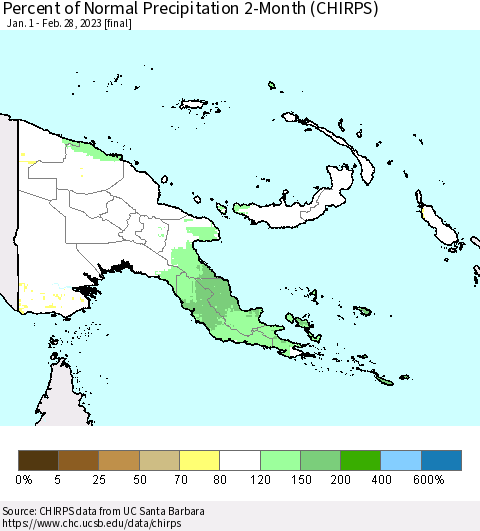 Papua New Guinea Percent of Normal Precipitation 2-Month (CHIRPS) Thematic Map For 1/1/2023 - 2/28/2023