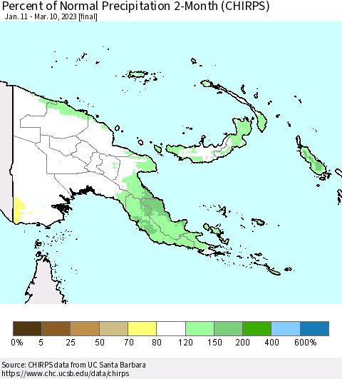 Papua New Guinea Percent of Normal Precipitation 2-Month (CHIRPS) Thematic Map For 1/11/2023 - 3/10/2023