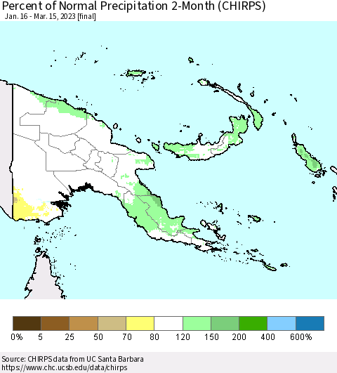 Papua New Guinea Percent of Normal Precipitation 2-Month (CHIRPS) Thematic Map For 1/16/2023 - 3/15/2023