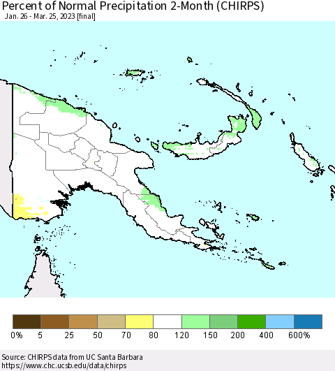 Papua New Guinea Percent of Normal Precipitation 2-Month (CHIRPS) Thematic Map For 1/26/2023 - 3/25/2023
