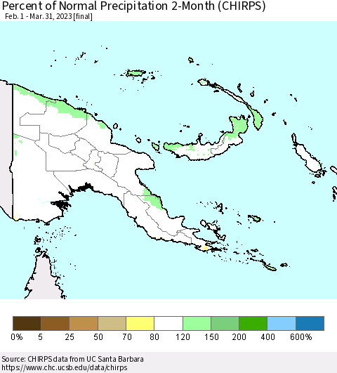 Papua New Guinea Percent of Normal Precipitation 2-Month (CHIRPS) Thematic Map For 2/1/2023 - 3/31/2023