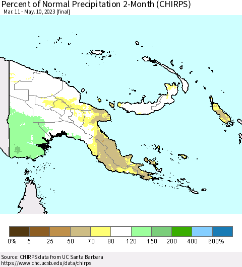 Papua New Guinea Percent of Normal Precipitation 2-Month (CHIRPS) Thematic Map For 3/11/2023 - 5/10/2023